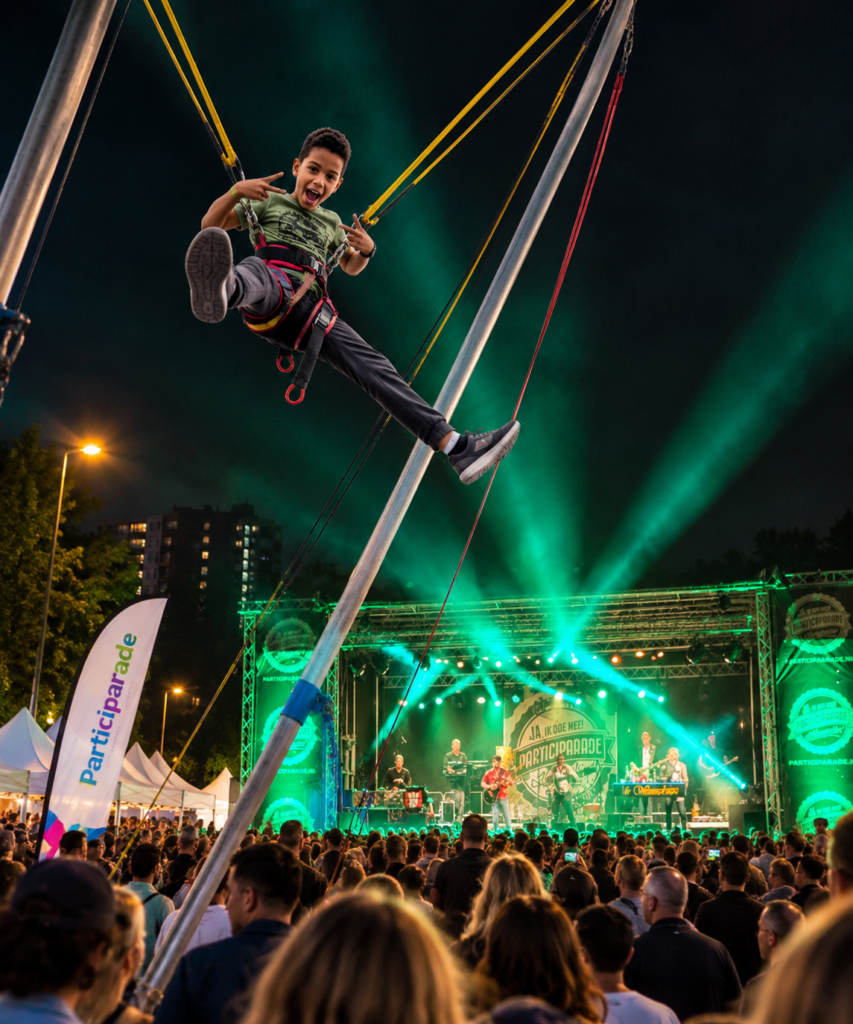 Een kind in een harnas bij het bungeetrampoline, met het podium en het publiek van de Participarade op de achtergrond.